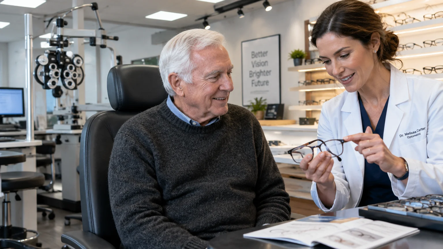 Female optometrist in a lab coat showing eyeglasses frames to a smiling senior man seated in an exam chair.