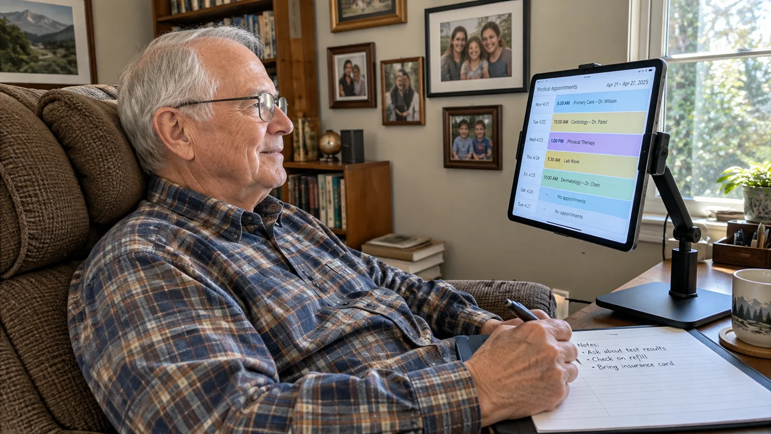 Older man in an armchair looking at a tablet screen displaying a medical schedule and taking notes with a pen.