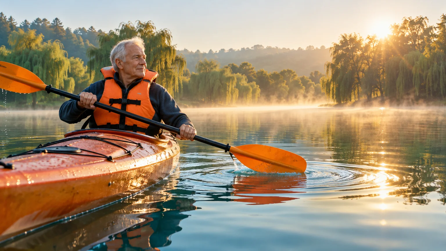 Older man wearing an orange life vest paddling an orange kayak on a misty lake at sunrise.