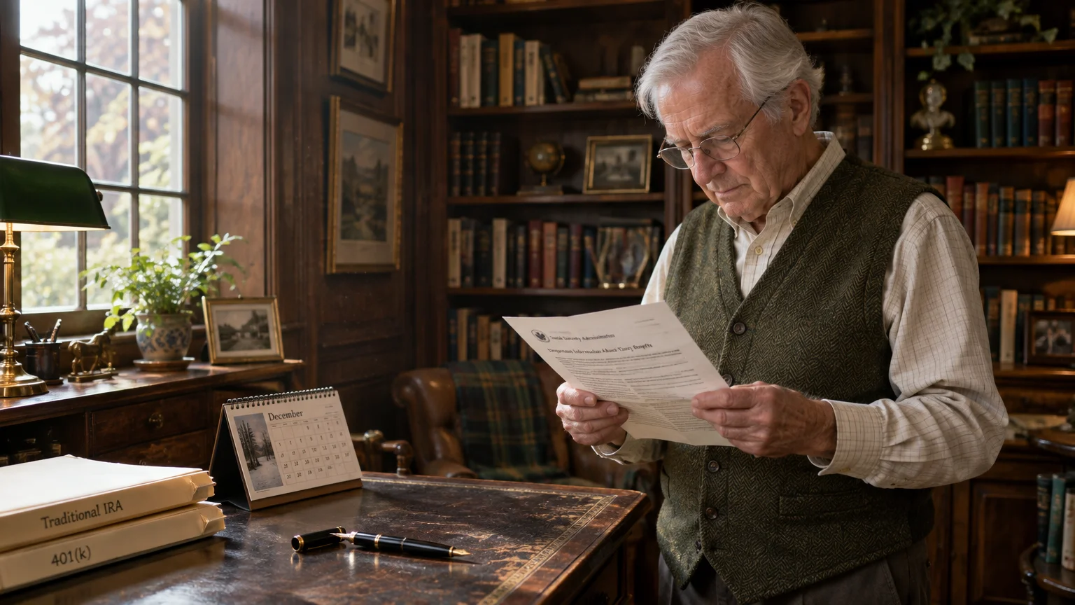 Senior man reading a document by a wooden desk with retirement folders, a calendar, and bookshelves in the background.