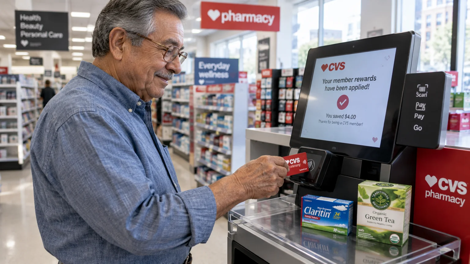 Senior man scanning a CVS card at a self-checkout kiosk displaying member rewards applied to his purchase.
