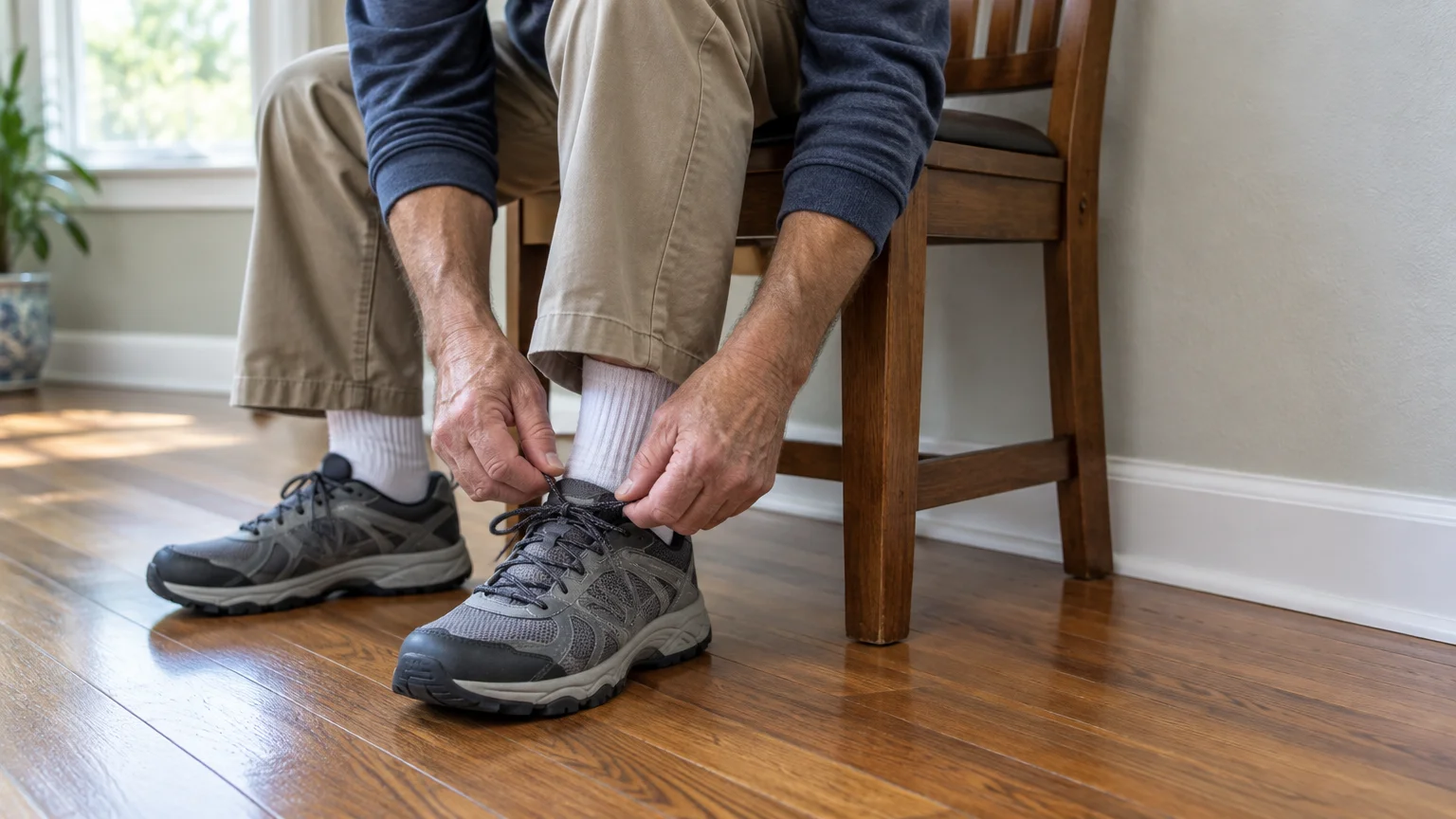A person sitting on a wooden chair leans forward to tie the laces of a grey sneaker on a hardwood floor.