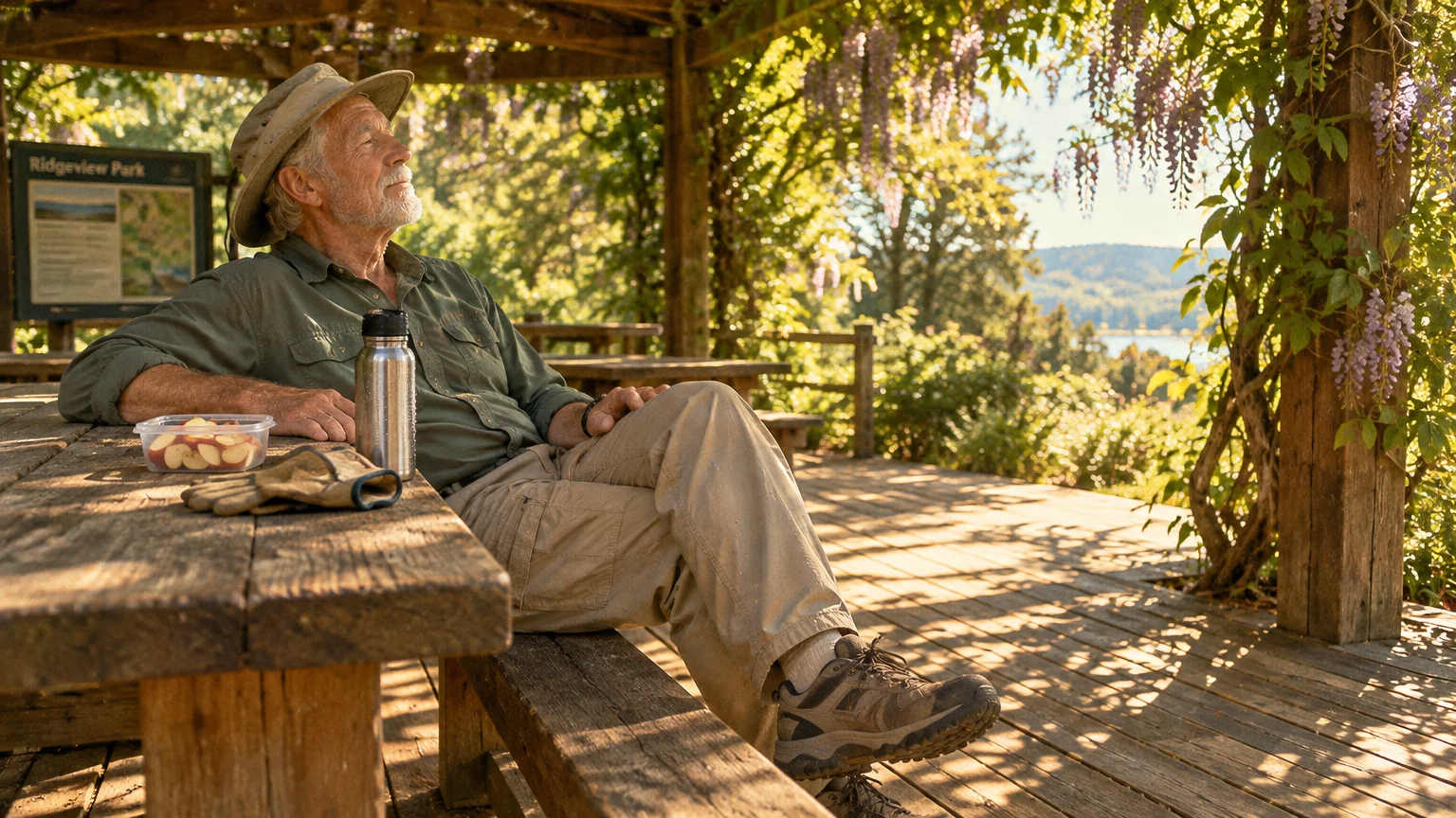 A senior man in a hat sits at a wooden picnic table under a pavilion with a water bottle and snacks.