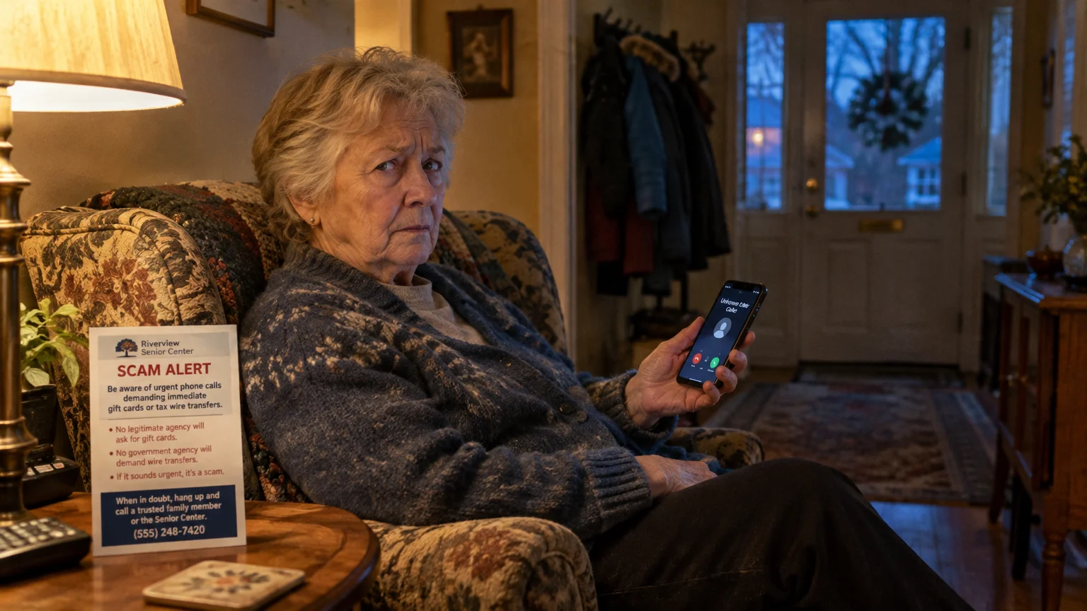 An elderly woman sitting in an armchair holds a smartphone showing an unknown caller next to a scam alert flyer.