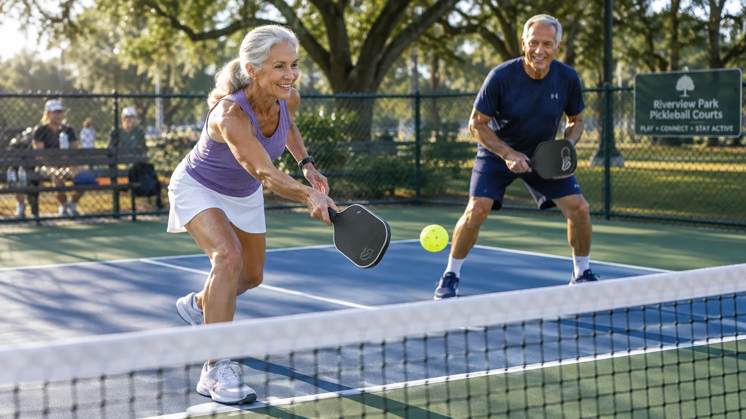 An older man and woman playing pickleball together on an outdoor court, with the woman hitting a yellow ball near the net.
