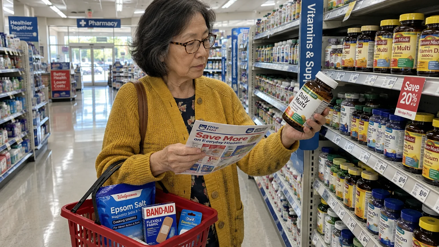 A senior woman holding a store flyer and a vitamin bottle while shopping with a basket in a pharmacy aisle.