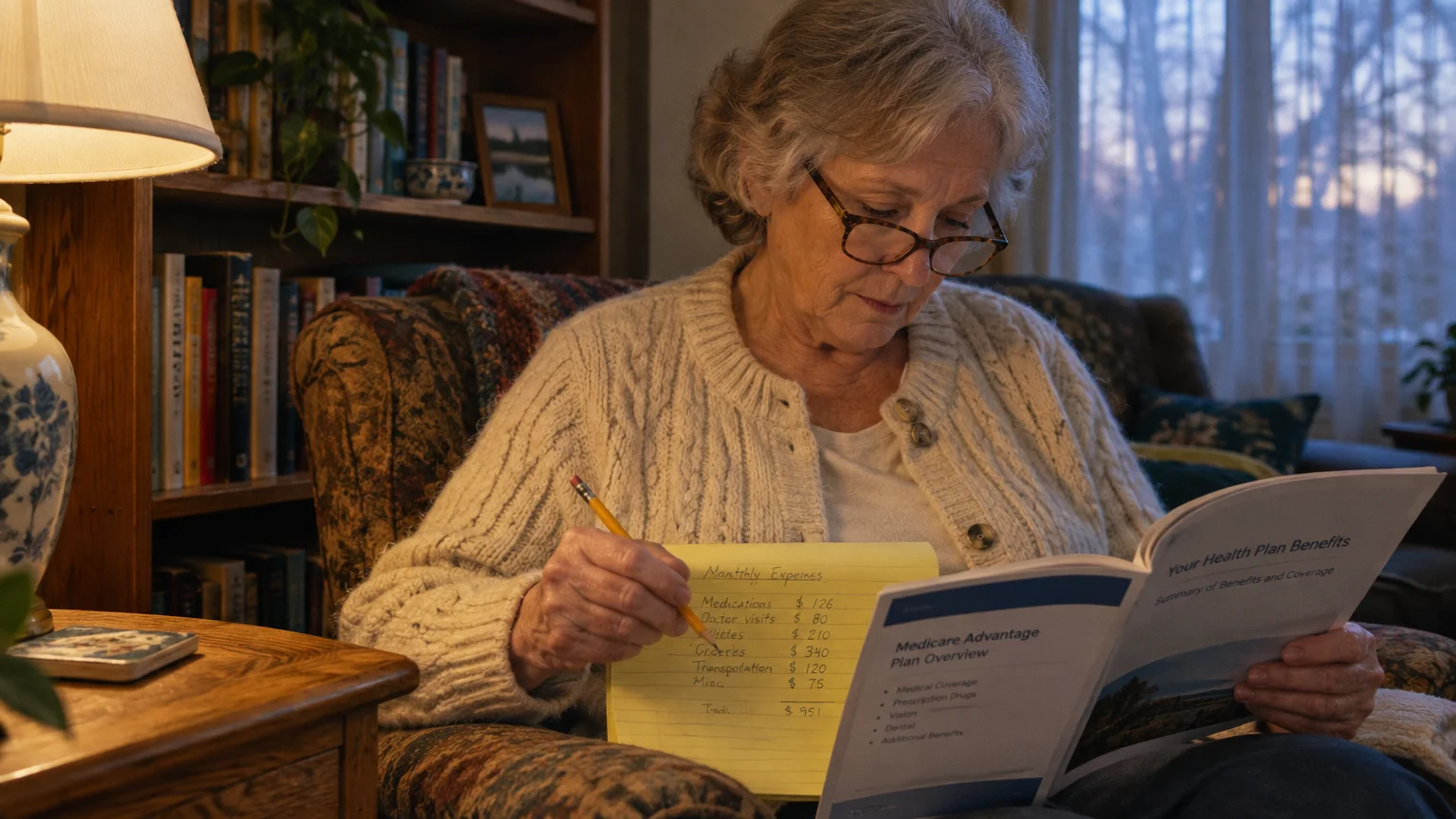 An older woman in glasses reviews a Medicare Advantage booklet while holding a handwritten monthly expense list and pencil.