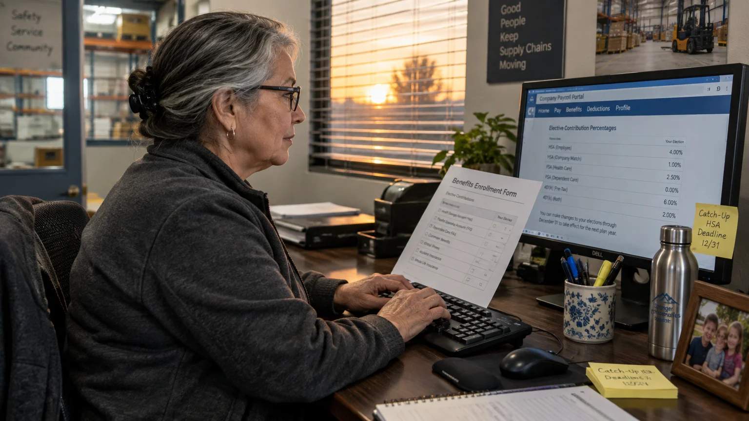 Woman with glasses at an office desk holding a benefits form while viewing a payroll portal on a computer screen.