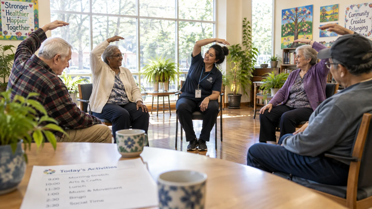 An instructor leads a seated stretching exercise class with diverse seniors in a sunlit community room.