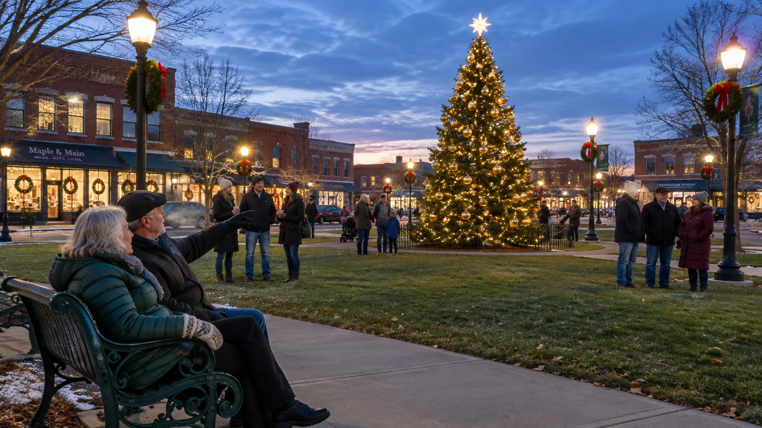An older couple sitting on a park bench looking at an illuminated Christmas tree in a town square at dusk.