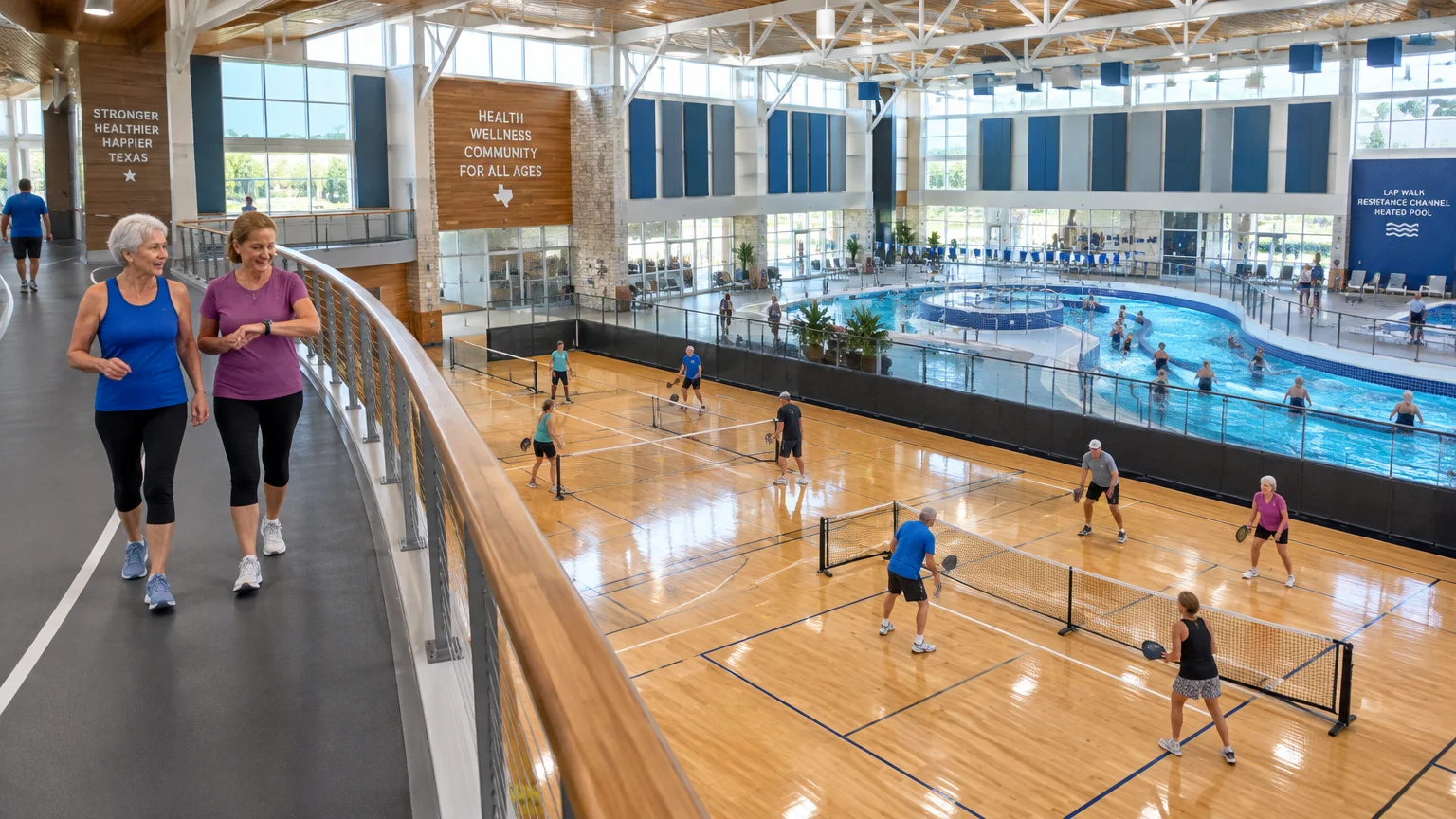 People walk on an indoor track overlooking pickleball courts and a swimming pool inside a bright recreation center.