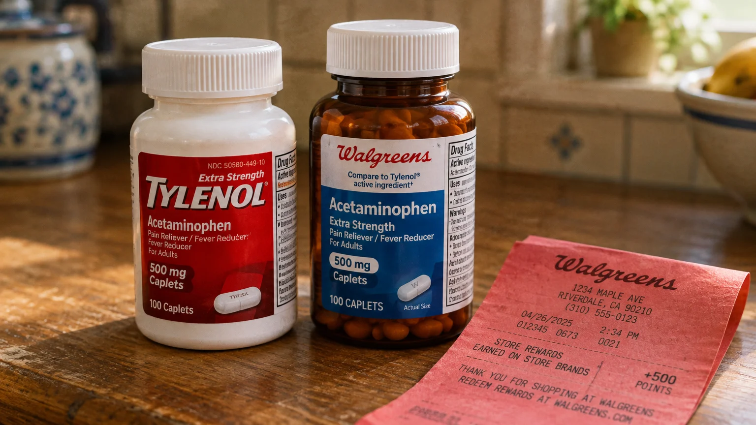 Bottles of Tylenol and Walgreens acetaminophen caplets sit on a wooden table beside a red Walgreens receipt.