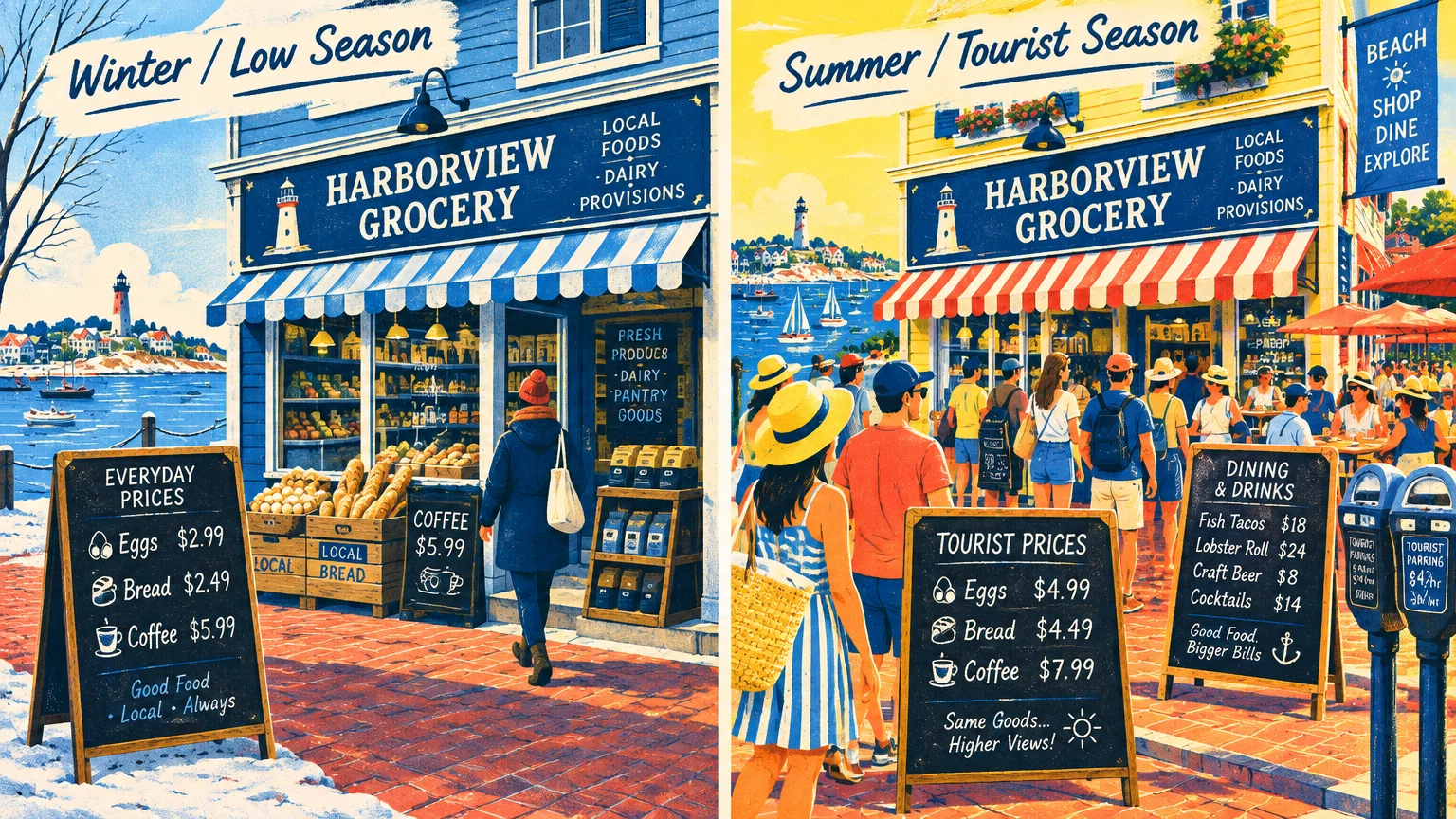 Split illustration comparing quiet winter grocery storefront prices with crowded summer tourist season price markups.