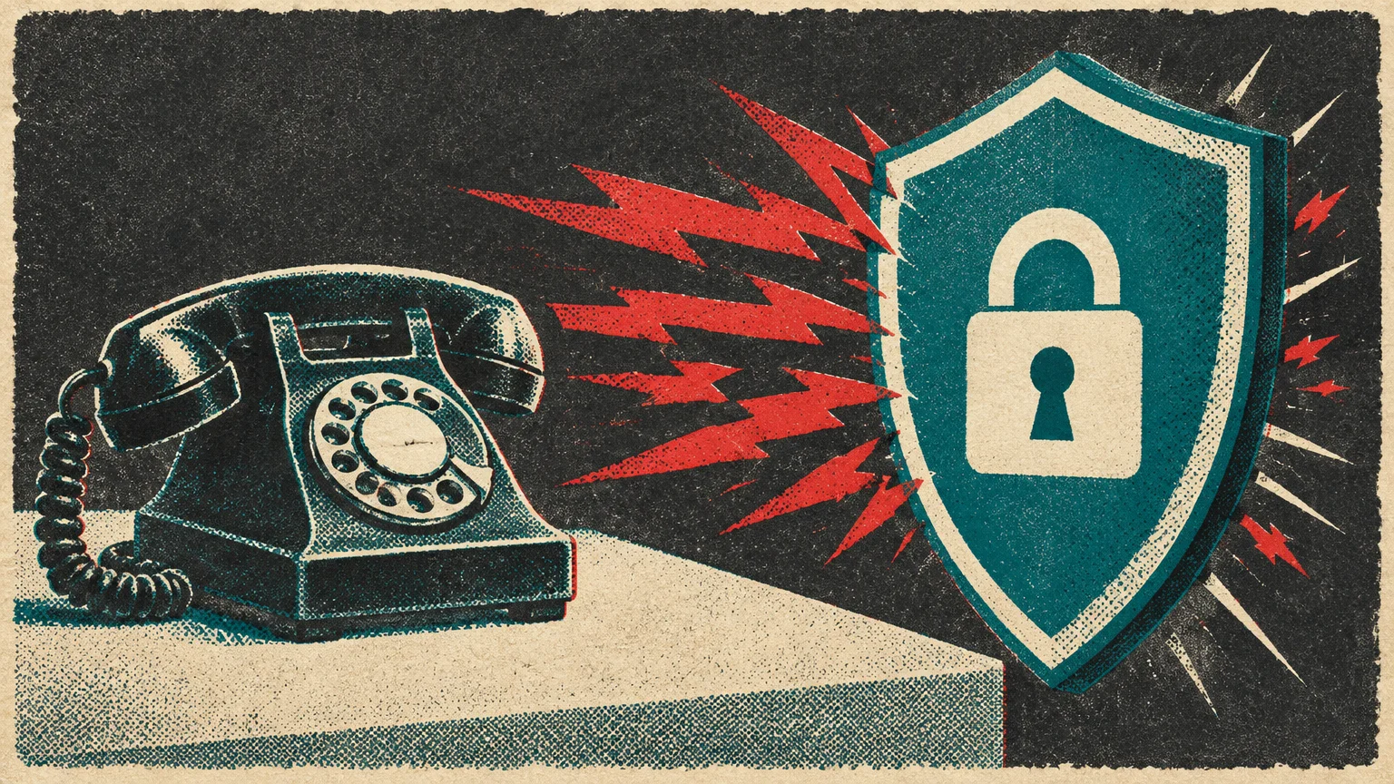 Vintage rotary phone emitting red lightning bolts blocked by a teal shield bearing a padlock icon.