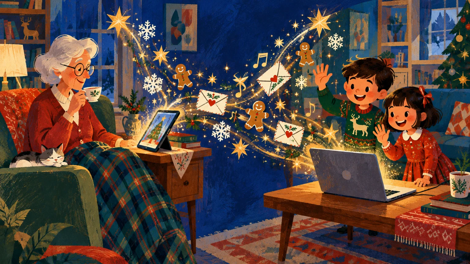 Illustration of a grandmother on a tablet video calling two children at a laptop, joined by glowing stars and letters.