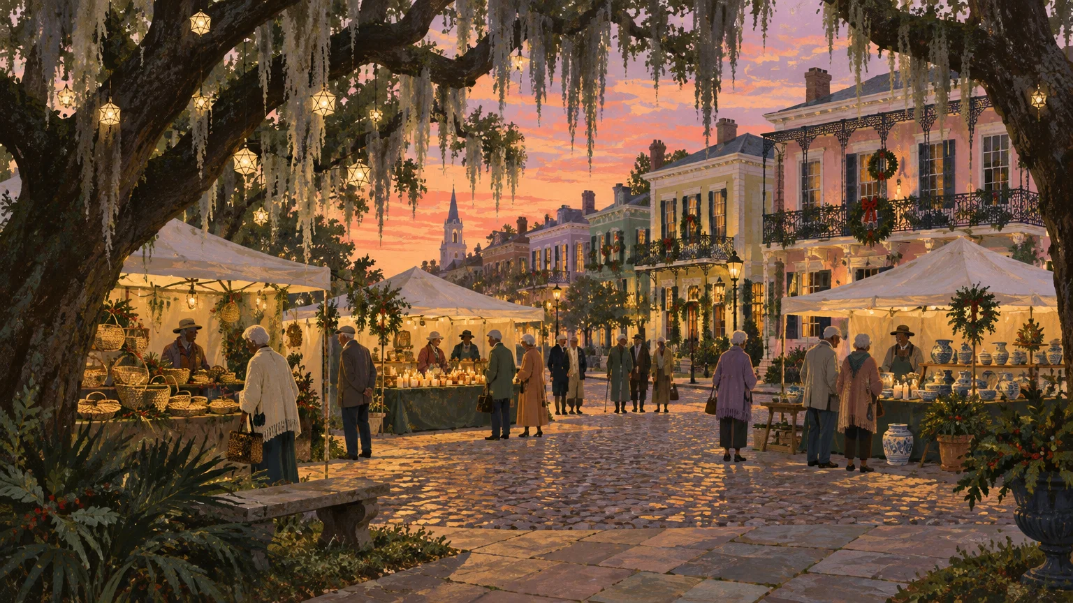 Evening outdoor craft market on a cobblestone street beneath moss-draped oak trees and historic Southern buildings.