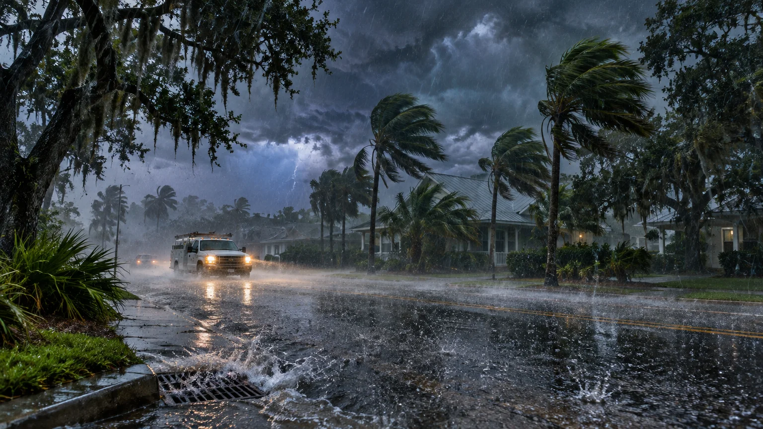 A truck driving down a flooded residential street lined with palm trees during a heavy rainstorm with dark clouds.