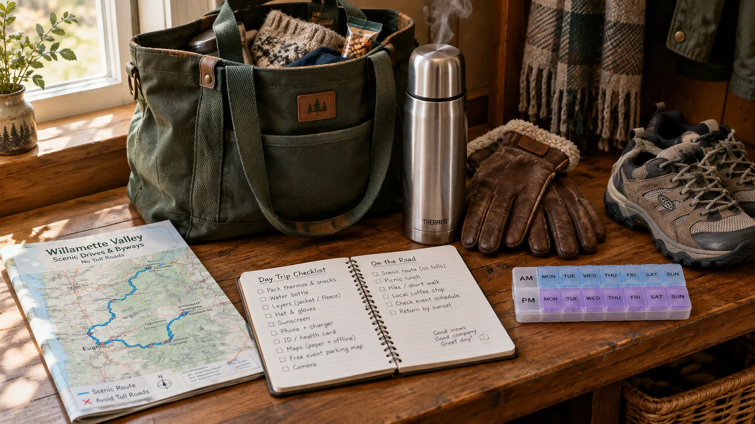 Travel gear on a wooden bench, including a canvas bag, steaming thermos, gloves, map, checklist notebook, and pill organizer.