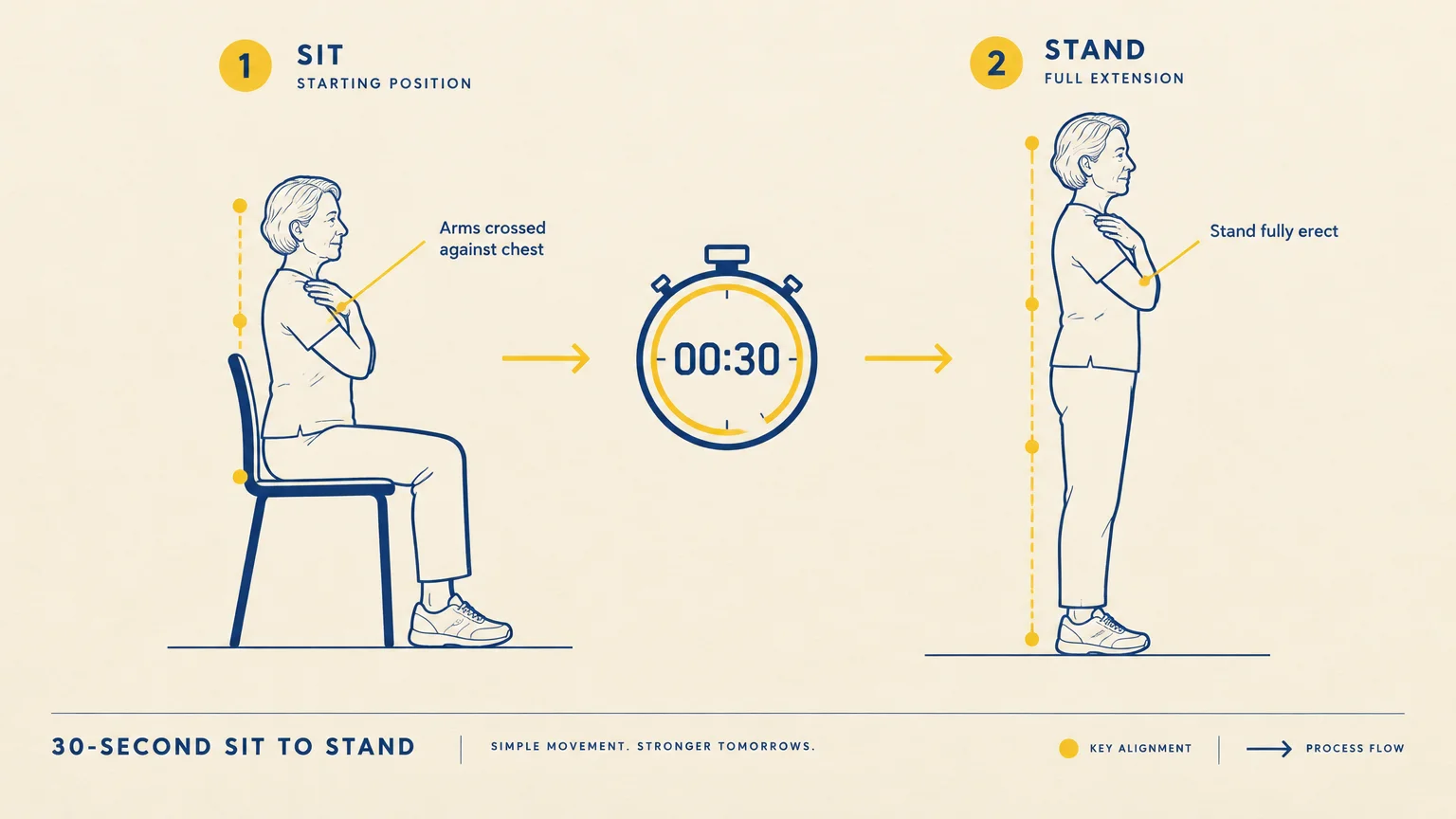 Diagram showing a woman performing a 30-second sit-to-stand test, transitioning from a chair to standing with arms crossed.