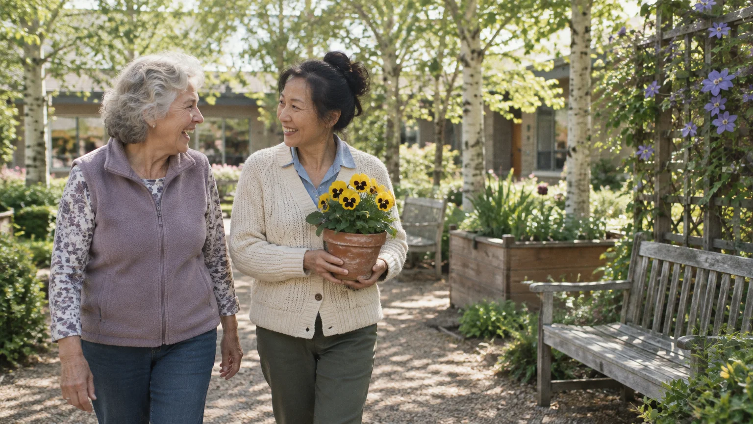 Two smiling older women walk down a garden path, one holding a potted plant of yellow flowers.