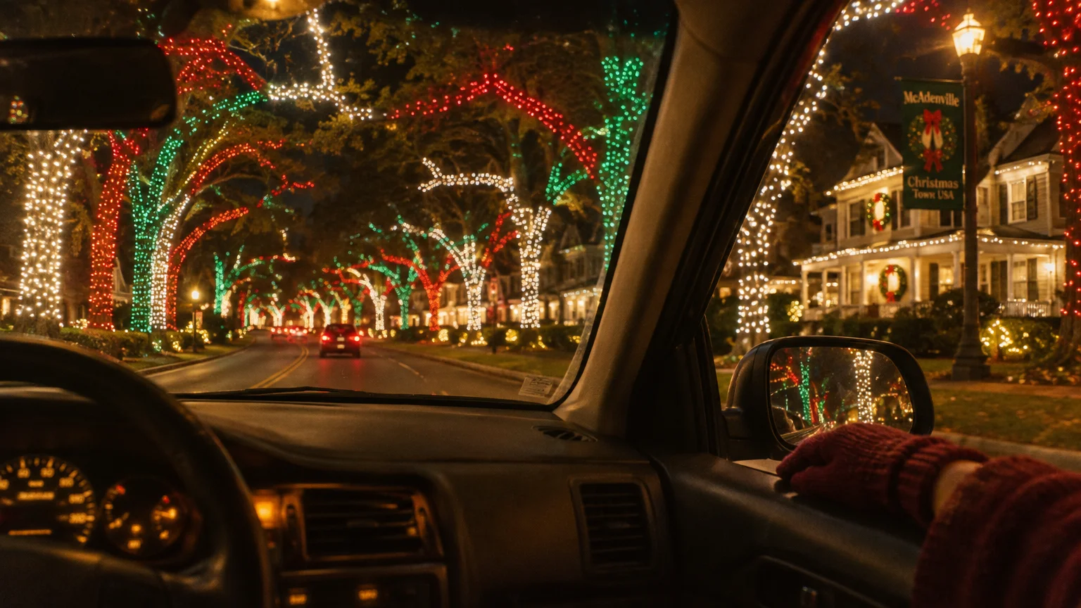 Interior view of a car driving down a street lined with trees wrapped in colorful Christmas lights.