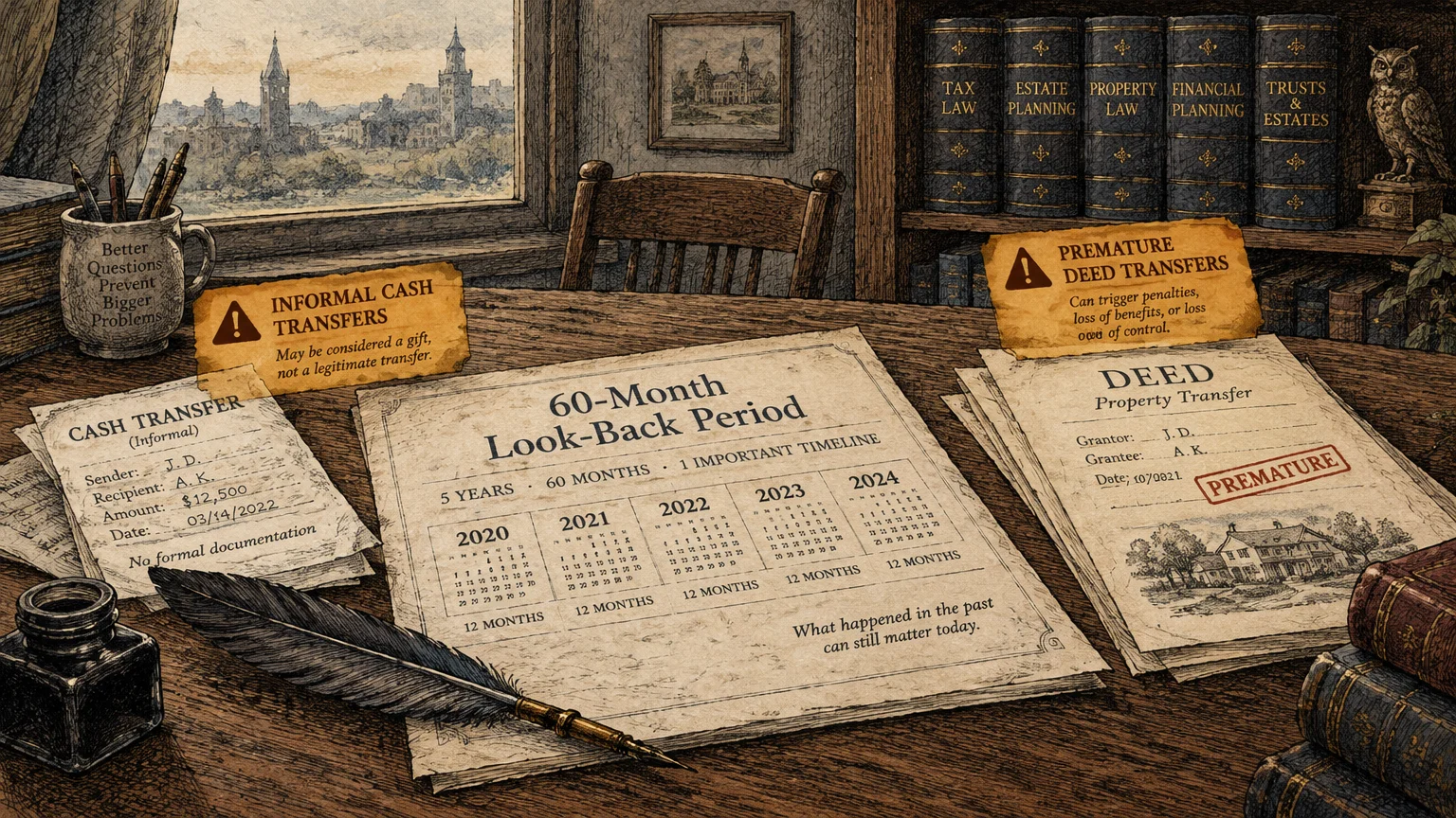 Illustration of a wooden desk with law books, a quill pen, and documents outlining a 60-month look-back period.