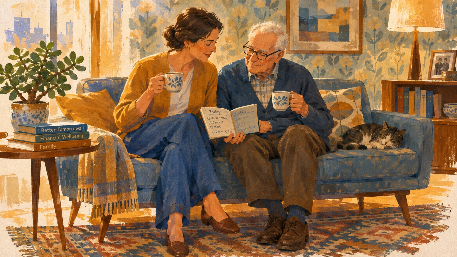 Illustration of a woman and senior man sitting on a blue sofa drinking coffee and reviewing a daily planner together.