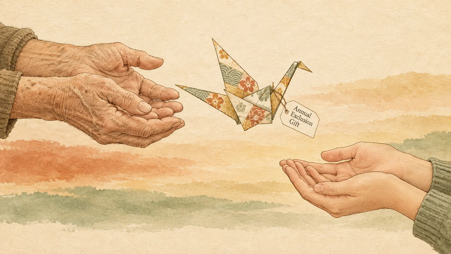 Older hands releasing a patterned origami crane with an Annual Exclusion Gift tag toward younger open hands.