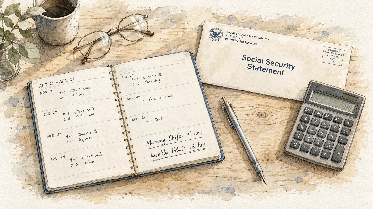 Watercolor illustration of an open weekly planner, Social Security statement envelope, calculator, pen, and glasses on a desk.