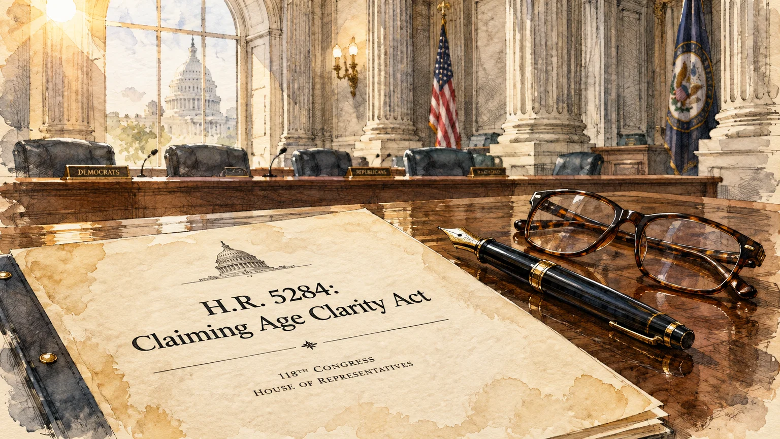 Illustration of H.R. 5284 legislation on a desk with glasses and a pen, overlooking the U.S. Capitol.