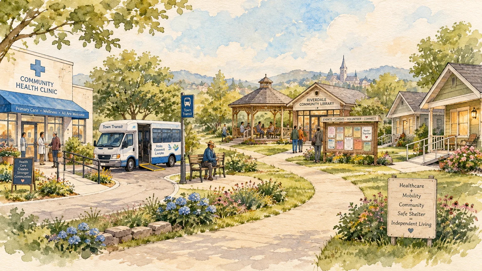 Watercolor illustration of a walkable town square featuring a health clinic, transit shuttle, library, and gazebo.