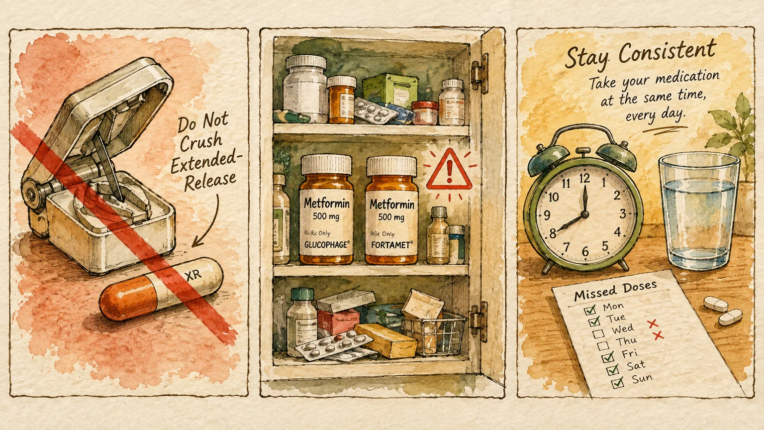 Three-panel illustration showing pill crushing warning, duplicate prescription bottles in a cabinet, and missed doses chart.