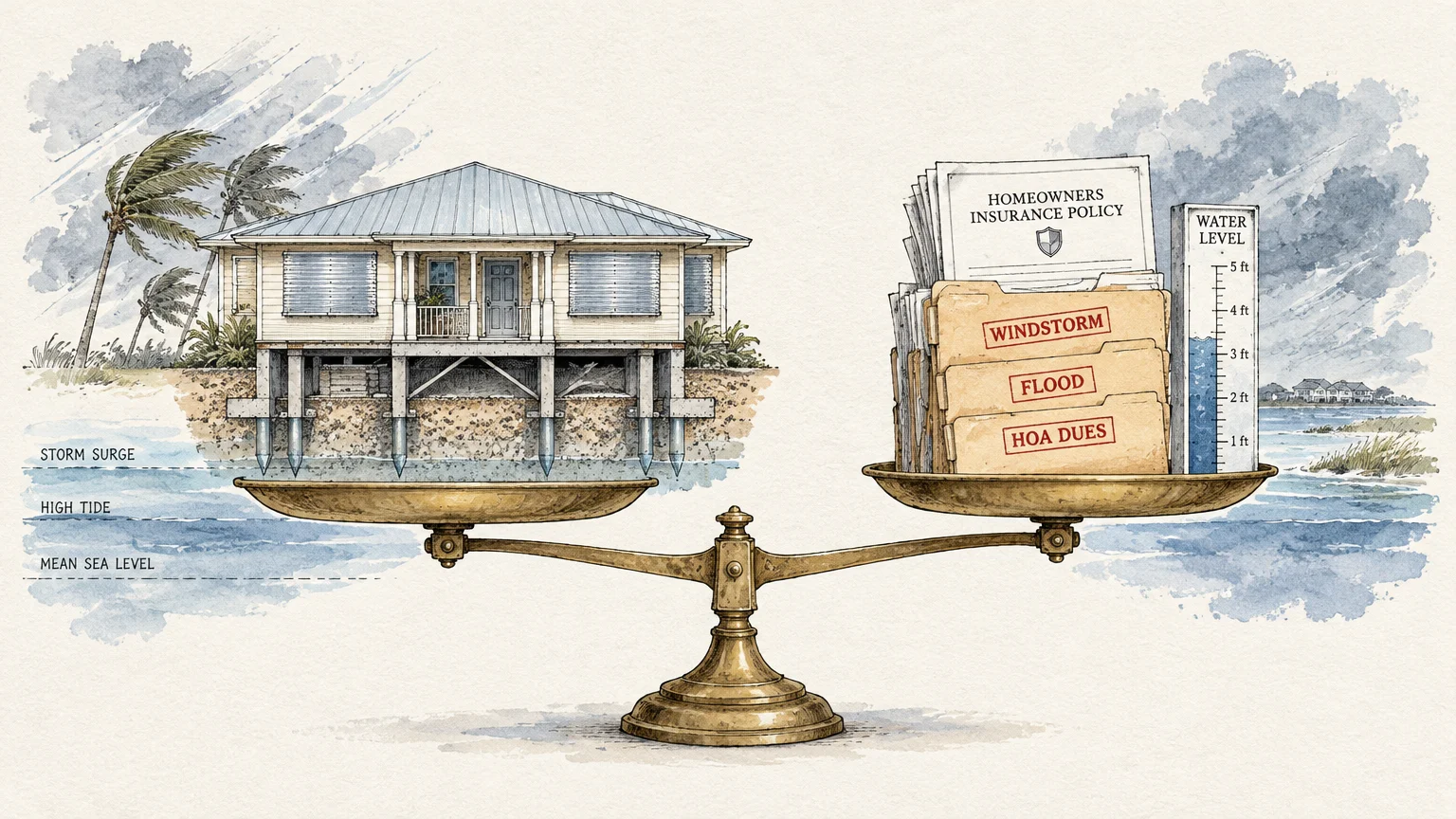 Balance scale weighing an elevated coastal house against insurance policy folders labeled windstorm, flood, and HOA dues.