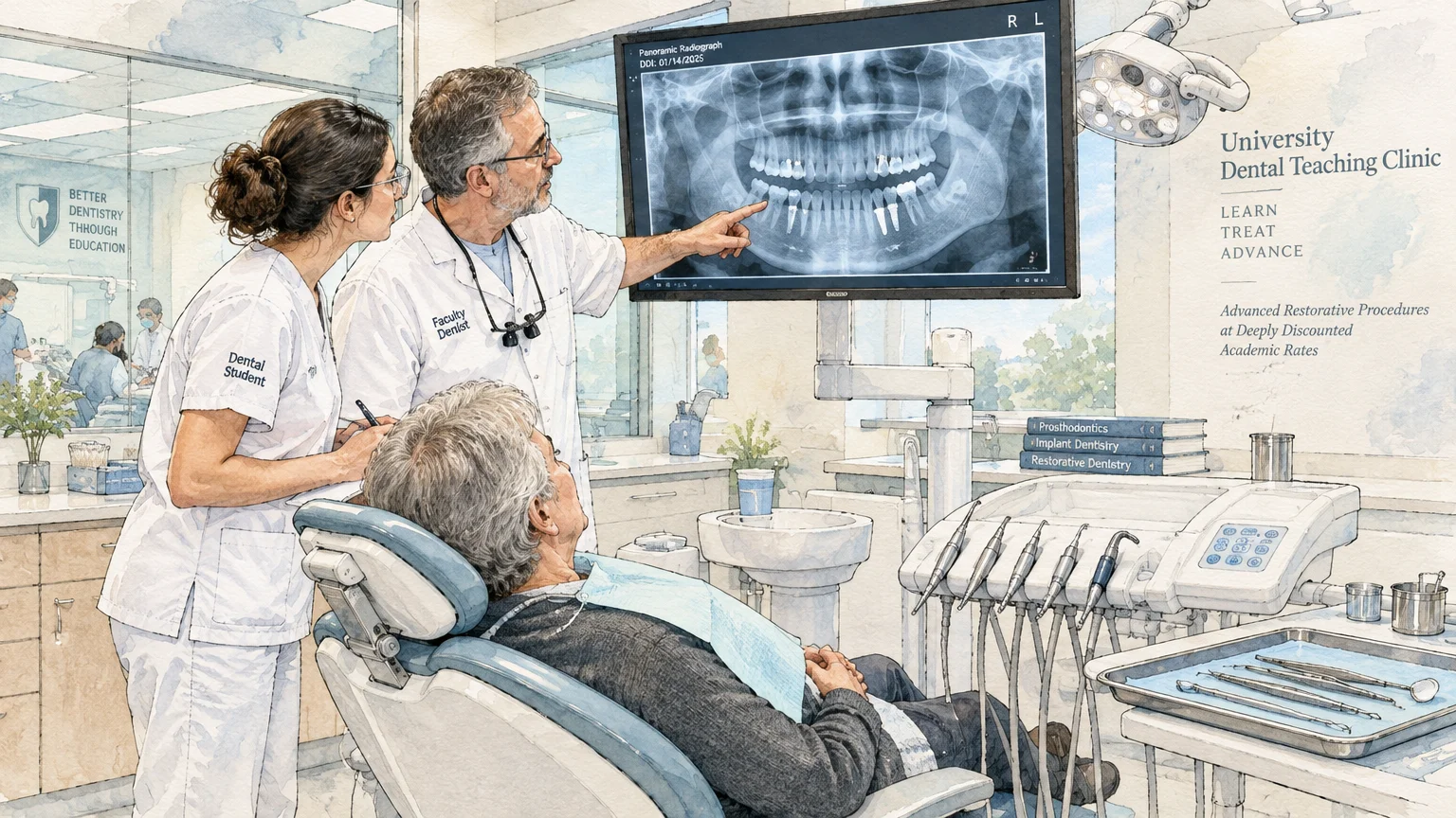 Illustration of a faculty dentist pointing to a dental x-ray on a monitor beside a student and patient in a clinic chair.