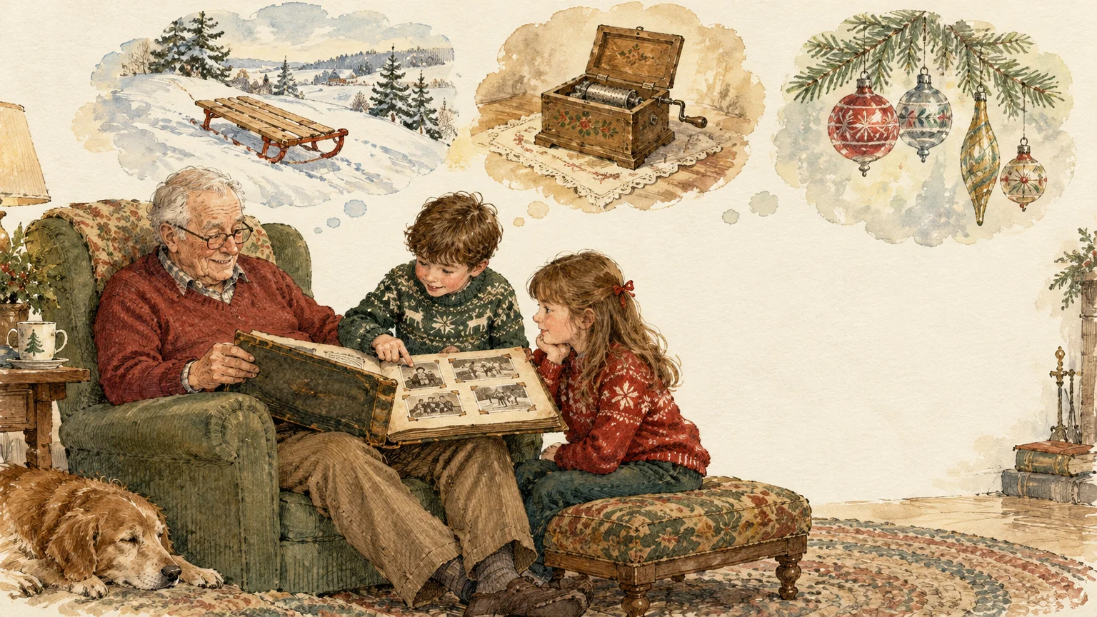 Grandfather sharing a photo album with two children in an armchair, with thought bubbles of winter memories above.