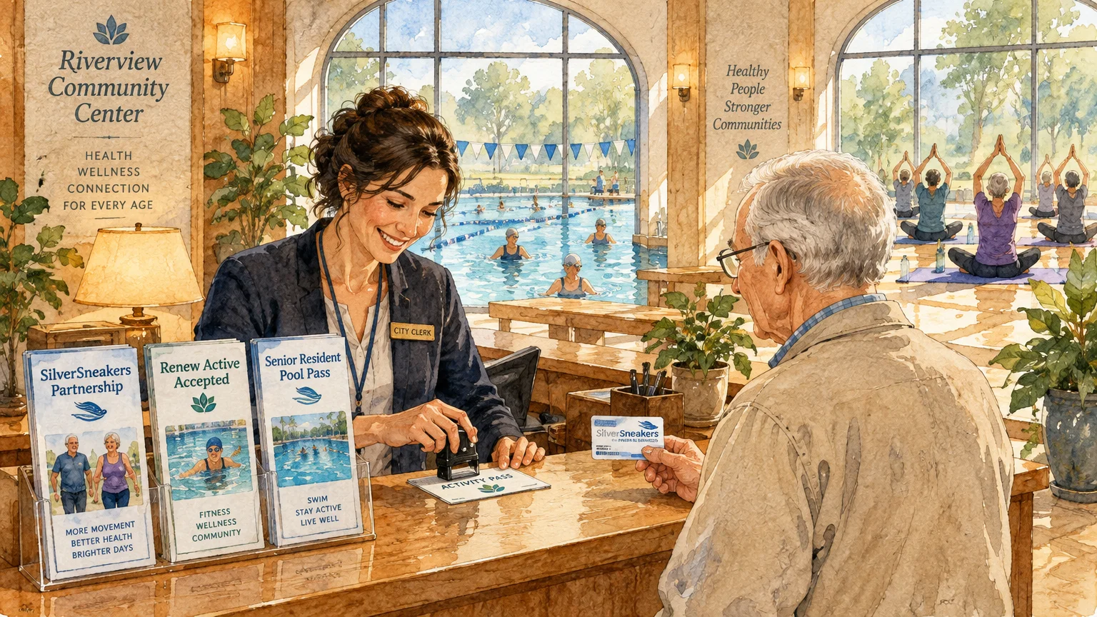 Illustration of a senior man showing a SilverSneakers card to a clerk at a community center with a pool in the background.