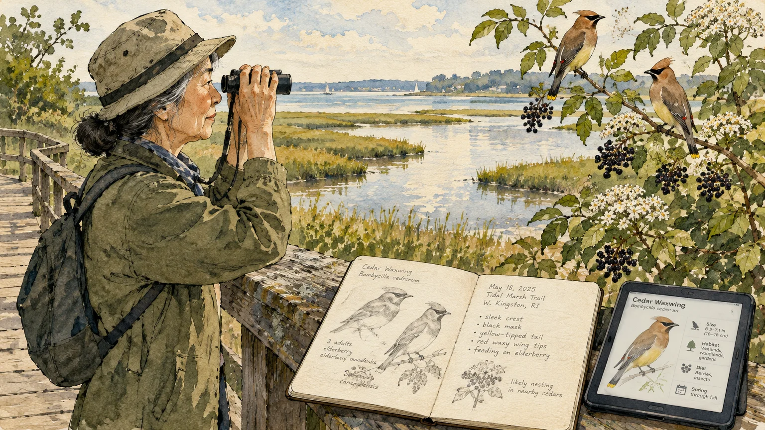 Watercolor illustration of a woman looking through binoculars at birds near a marsh, beside an open field journal and tablet.