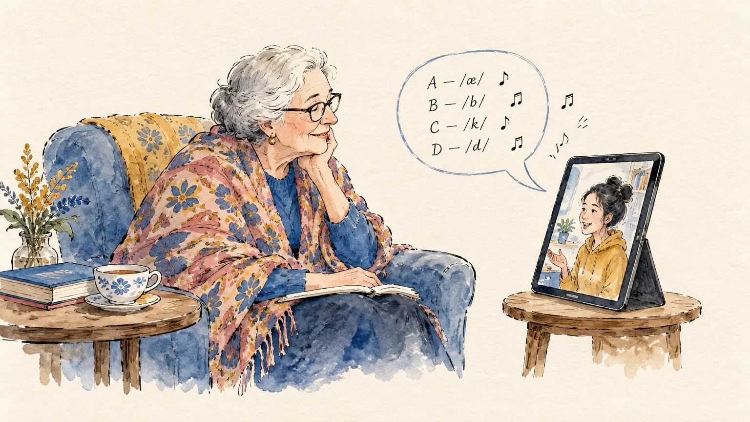 Older woman in an armchair video chatting on a tablet with a young student practicing English letter pronunciations.