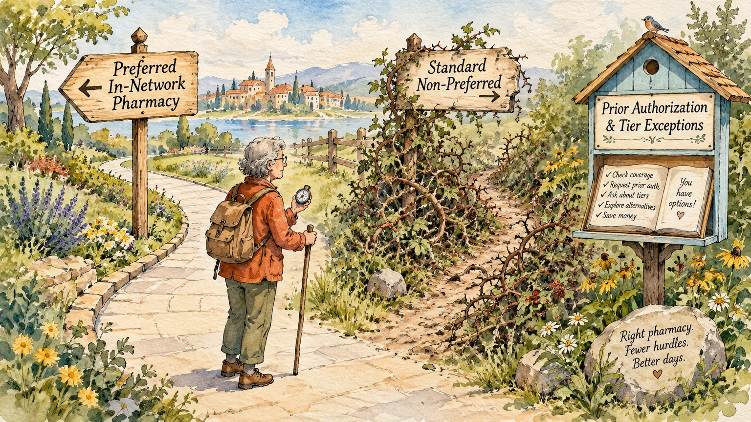 Watercolor illustration of a hiker facing a fork in the trail marked with signs for preferred and standard pharmacies.