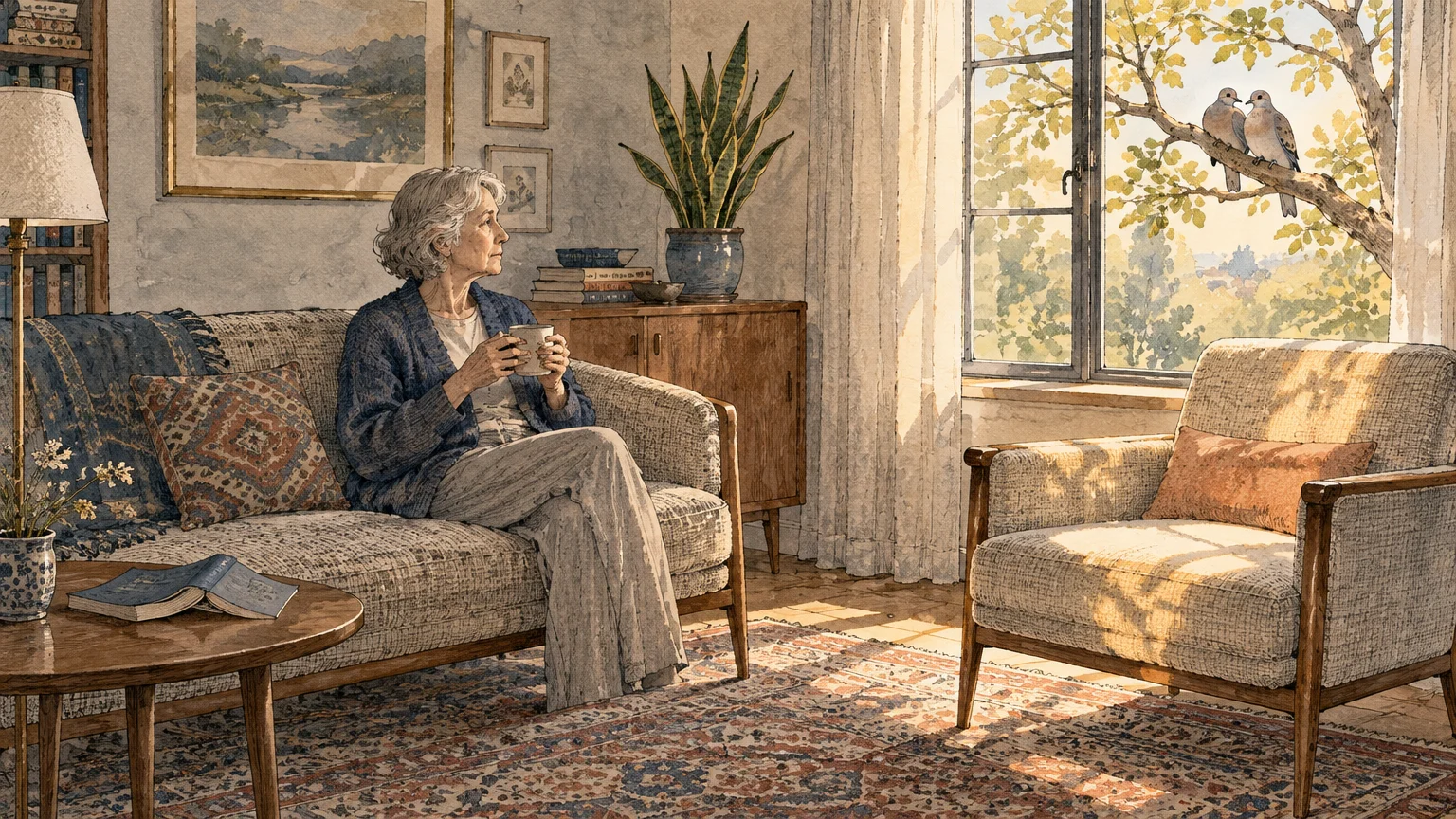 Illustration of an older woman holding a mug on a sofa, looking out a sunlit window at two birds on a branch.