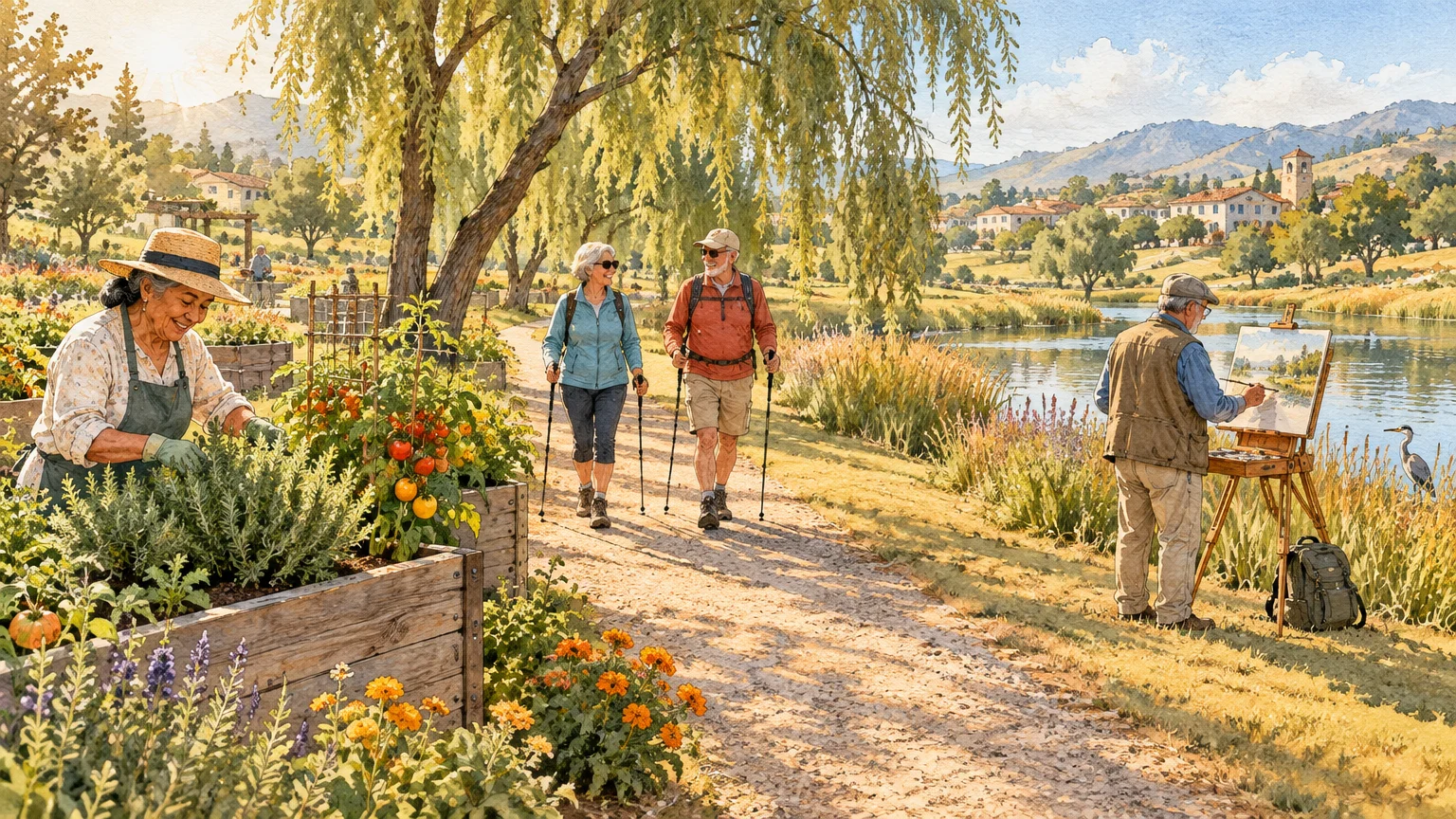 Watercolor illustration of retirees gardening, hiking with poles along a path, and painting on an easel by a lake.