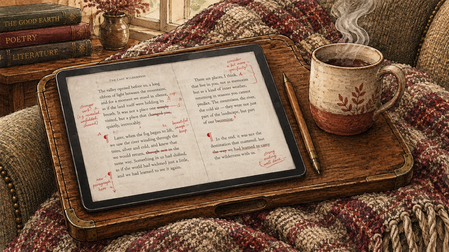 Digital tablet displaying edited text with red proofreading marks next to a steaming mug on a lap tray.