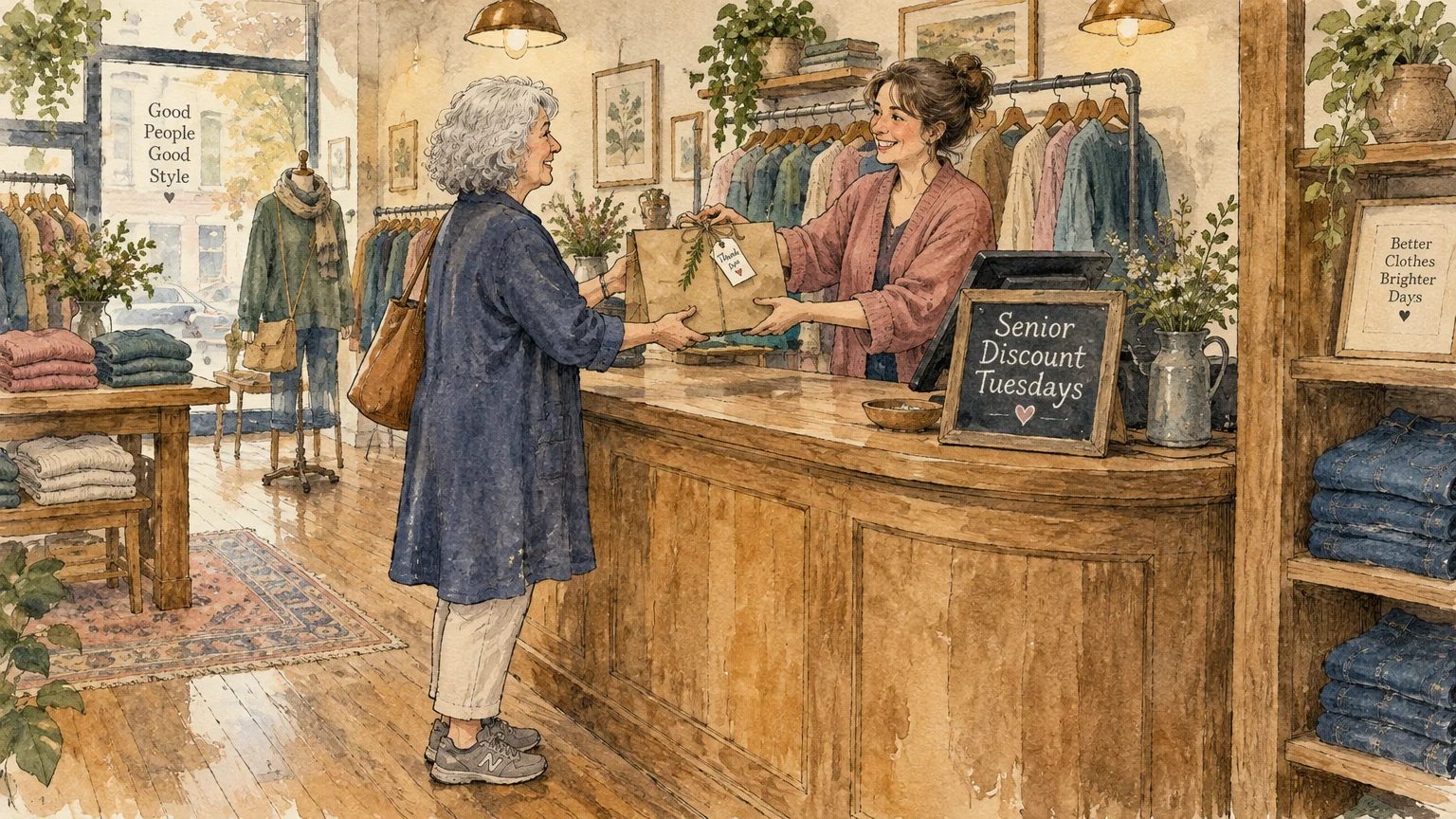 Watercolor illustration of a smiling cashier handing a shopping bag to an older woman at a wooden boutique counter.