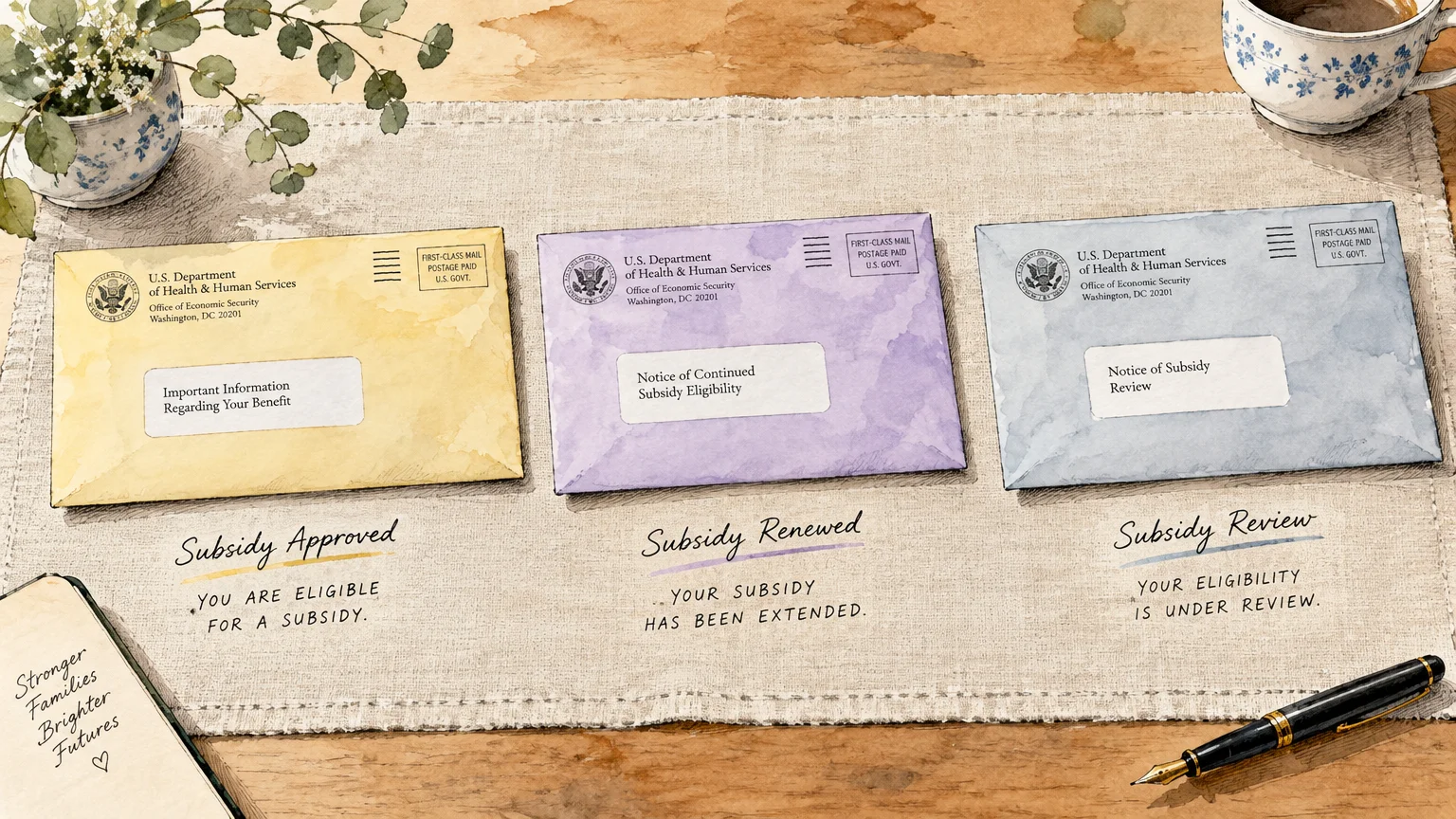 Illustration of yellow, purple, and blue envelopes from Health and Human Services laid out on a table runner.
