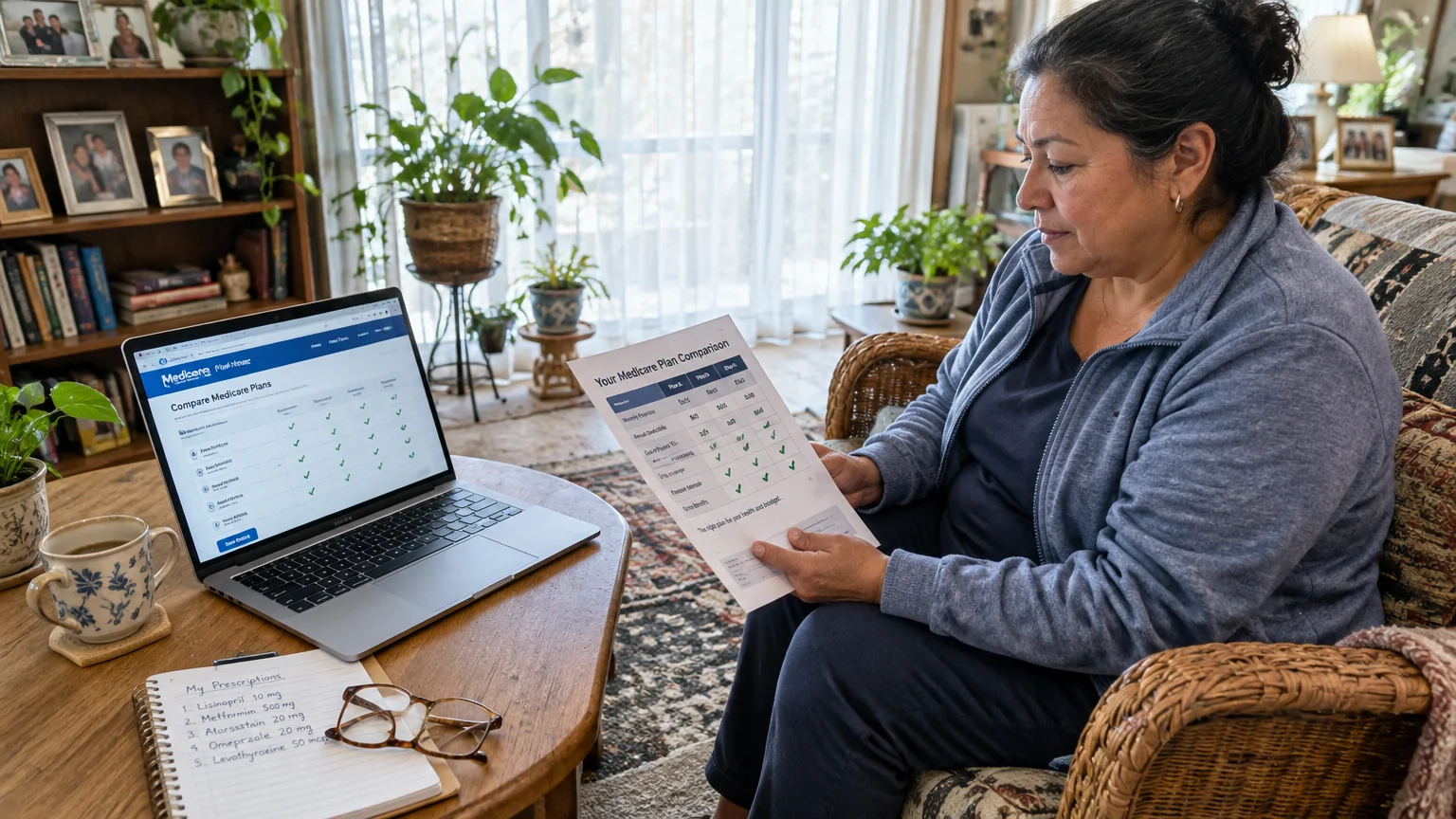 A woman holding a Medicare plan comparison sheet near a laptop and a handwritten prescription list on a coffee table.