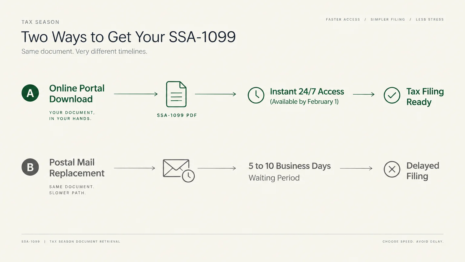 Diagram comparing online portal download for an SSA-1099 versus postal mail replacement timelines.